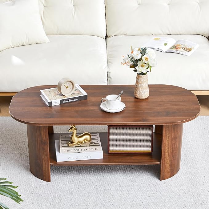 43.3” Oval Coffee Table with Storage, Wood Coffee Tables for Living Room, Farmhouse Center Table with 2-Tier Storage Shelf Low Tea Table for Small Space, Home, Office (Walnut)