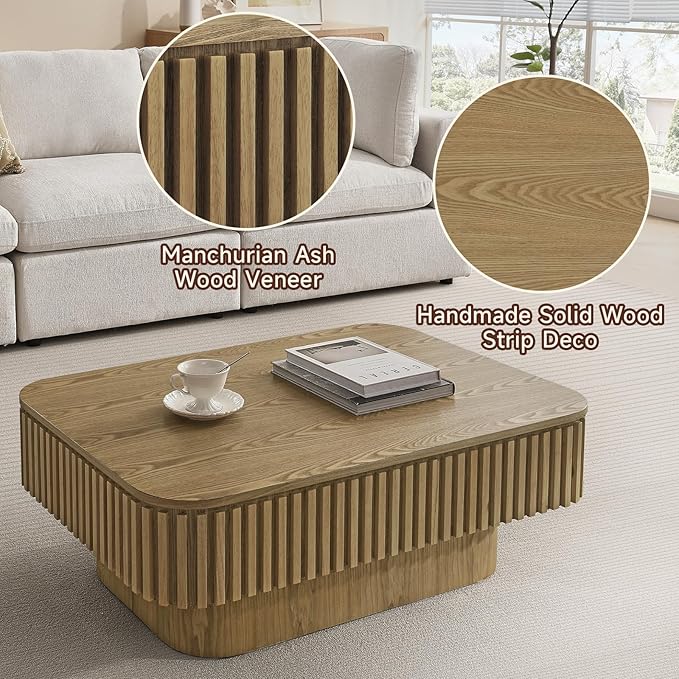 Lift Top Coffee Table for Living Room,Rectangle Handmade Solid Wood Strips, Fluted Coffee Table with Hidden Storage Compartment Small Space Office Apartment (38.6" L×26.8''W×13.8''H-Natural)