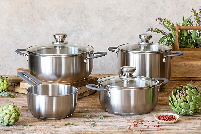 BRA COOKWARE Master 9 Piece Cookware Set | Stainless Steel Professional Kitchenware Set | 2 Pots, 1 Sauté Pan, 3 Frying Pans, 3 Lids | All Stovetop Compatible | PFAS Free | w/o Non-Stick