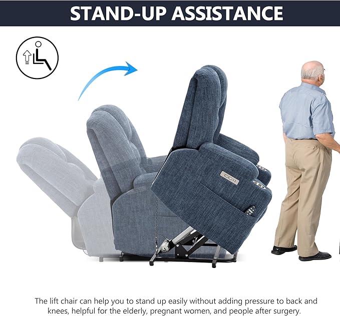 Power Lift Chair with Massage & Heat, Electric Recliner Chairs for Adults, Remote Control, Living Room Sofa, Standing Assistance, USB Ports, Stainless Steel Cup Holders, Chenill, Blue