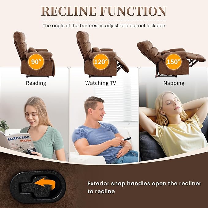 Oversized Power Recliner Chair 350lb with Hidable Cup Holders, Extra Wide Large Big Electric Recliner Chair with Lumbar Support Pillow Nursery Chair Living Room (Manual, BROWN-6002-1)