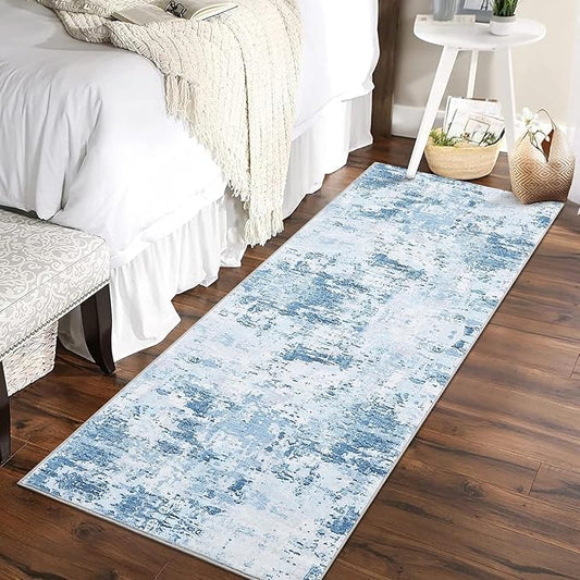 Modern Abstract 2x10 Runner Rug Non Slip Non Shedding Low Pile Stain Resistant Rug for Hallway Kitchen Bedroom, Light Blue