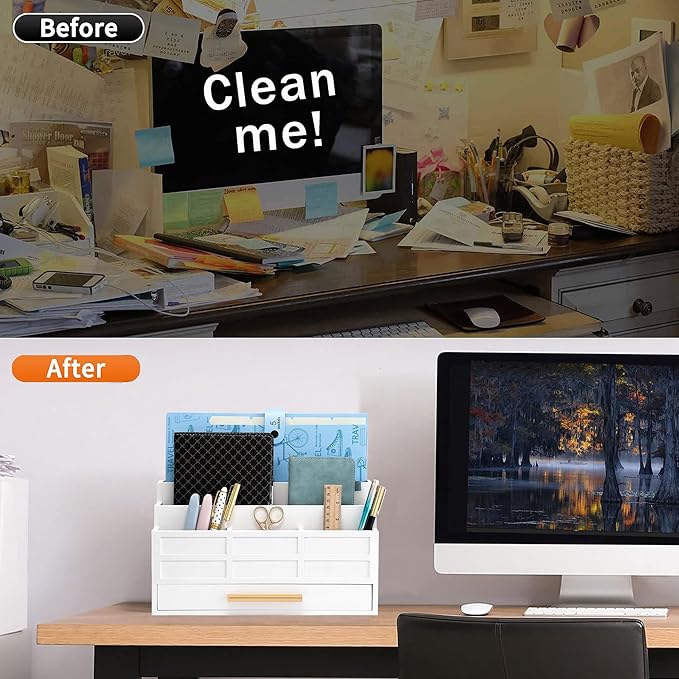 white Wood Desk Organizer and Accessories with Drawer, Bill Mail Organizer and File Mail Holder for Office Supplies, Rustic Desk Accessories & Workspace Organizers for Desk Organization