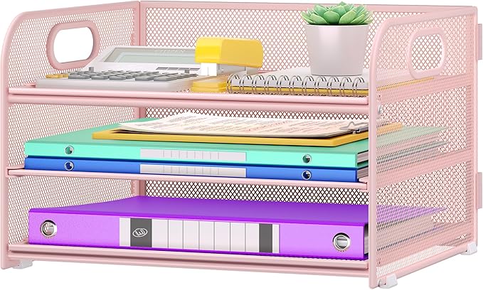 3 Tier Paper Organizer with Handle, Metal Desk Organizer Mesh Paper Letter Tray Desktop File Folder Document Sorter for Classroom, School, Office Accessories Organization and Storage - Pink