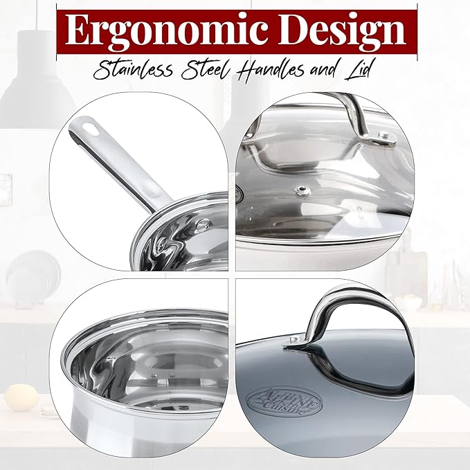 Alpine Cuisine Sauce Pan Stainless steel 3Qt Belly Shape with Glass Lid & Ergonomic Handle, induction Bottom Sauce Pan, Sauce Pot with Glass Lid for Cooking, Easy Clean & Rust Free, Dishwasher Safe