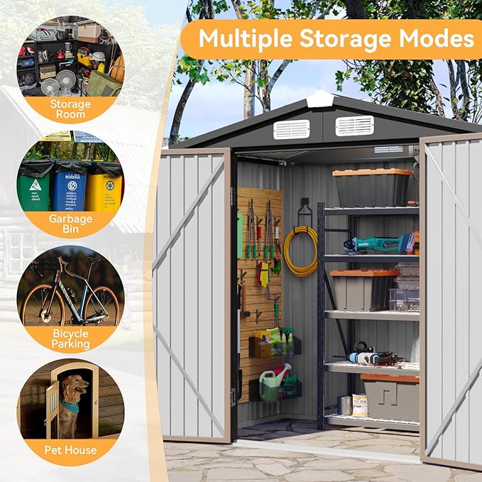 Aoxun 6x3.9 FT Shed Metal Outdoor Storage Shed Garden Shed with Lockable Doors Tool Shed Bike Shed for Backyard, Patio, Poolside (Brown)