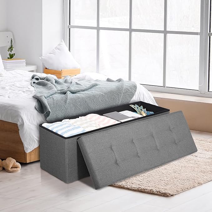 SUPER DEAL Folding Storage Ottoman Bench, 43 Inches Footrest with Divider Foam Padded Seat Large Storage Chest Long Box for Living Room Bedroom Entryway, 660 lbs Capacity, Light Grey