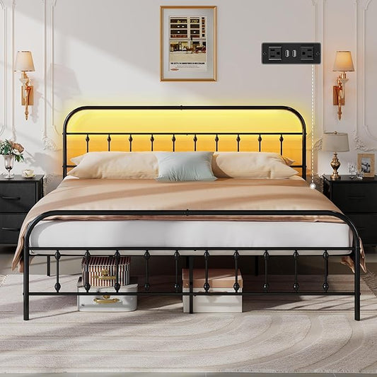 WLIVE Bed Frame King Size, King Size Bed Frame with Storage and Headboard, King Bed Frames with LED Lights and Charging Station, Black