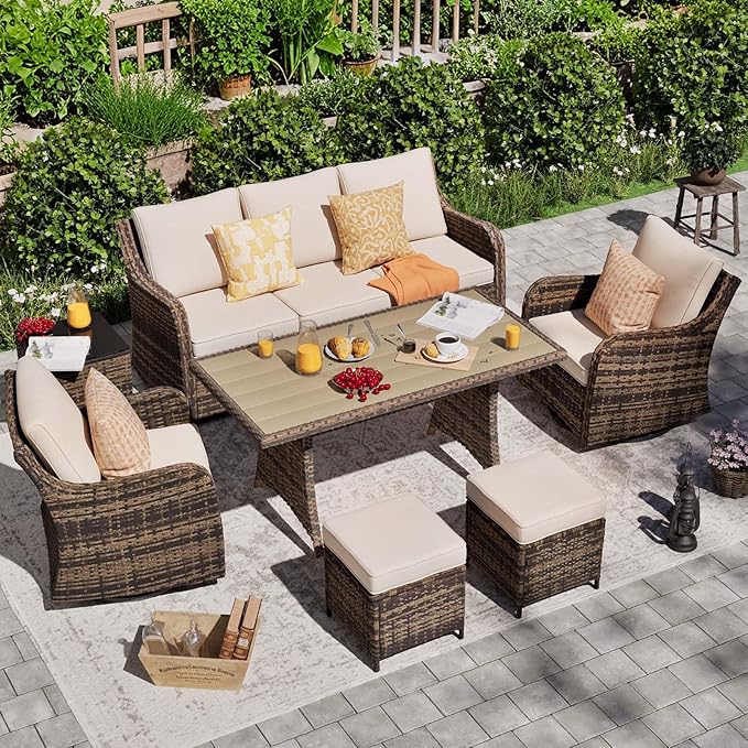 7 Pieces Patio Furniture Set with Swivel Chairs, Wicker Patio Conversation Set, Outdoor Patio Set with 2 Swivel Rocking Chair & Sofa, 2 Ottomans and Dining Table (Brown)