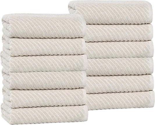 Superior Amelia Viscose Cotton Blend Medium Weight Small Towels, for Kitchen, Bathroom, Shower, Spa, Plush, Quick Dry, Ultra-Soft Essentials, Ribbed Design, Face Towels Washcloths, Set of 12, Beige