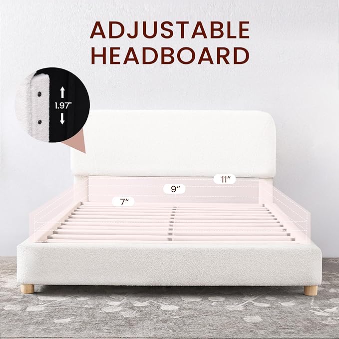 Queen Size Boucle Bed Frame, Upholstered Cloud Bed Frame with Adjustable Headboard, Solid Wood Legs, Rounded Corners Design & Easy Assembly – Modern Platform Bed,Cream