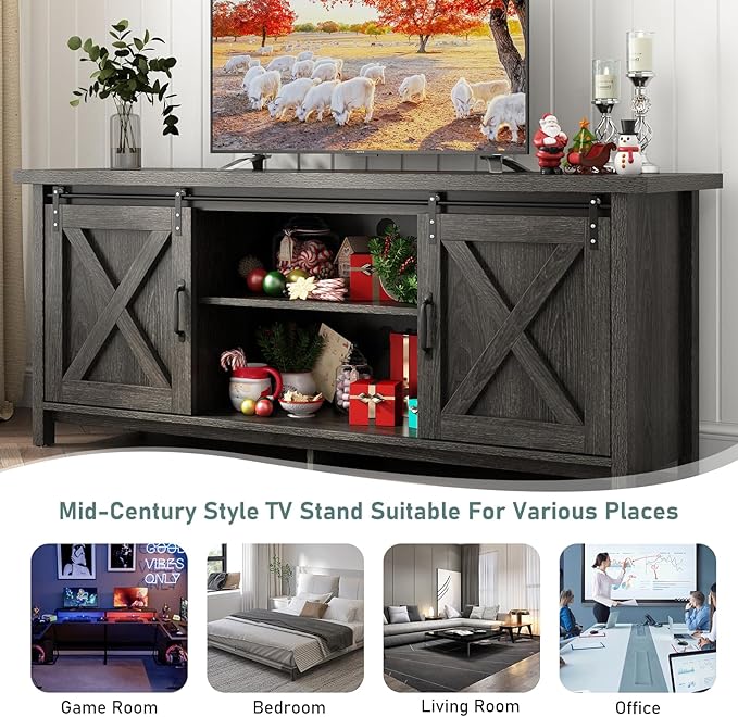 58" Farmhouse TV Stands for 55 60 70 inch TV w/Adjustable Shelves,Sliding Barn Door.Wooden Entertainment Center,TV Console Cabinet with Storage for Bedroom Living Room(Dark Grey)
