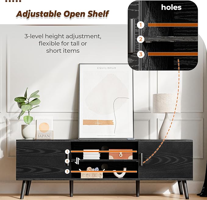 SUPERJARE TV Stand for 55 Inch TV, Entertainment Center with Adjustable Shelf, 2 Cabinets, TV Console Table, Media Console, Solid Wood Feet, Cord Holes, for Living Room, Bedroom, Black