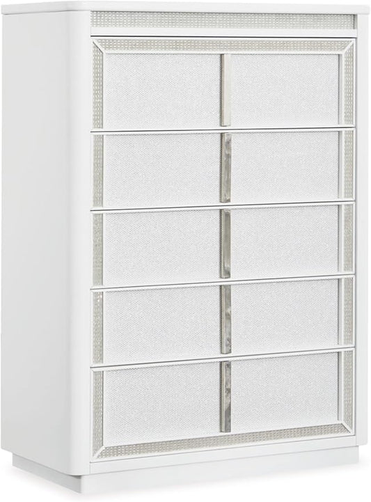 Signature Design by Ashley Chalanna Contemporary Chest of Drawers with Felt-Lined Top Drawer, LED Lighting and Glamorous Details, White