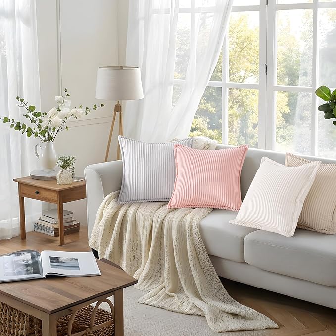 Mecatny Corduroy Throw Pillow Covers 16x16 Set of 2, Neutral Decorative Soft Boho Couch Pillow Covers with Broadside for Sofa Living Room, Cream White