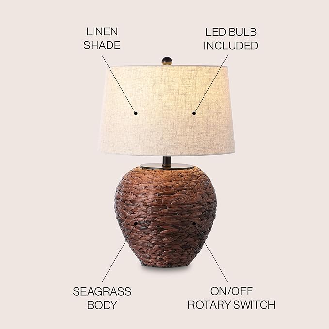 JONATHAN Y JYL6501B Alaro 24.5" Farmhouse Coastal Water Hyacinth Basket LED Table Lamp for Bedroom, Living Room, Office, Dark Brown