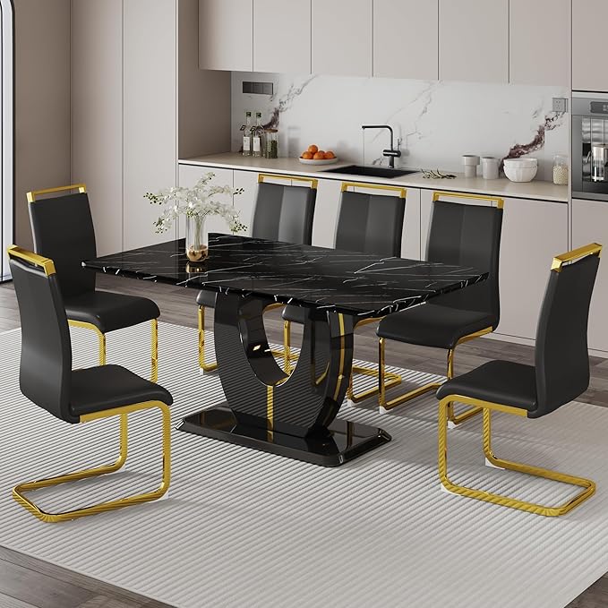 Dining Table Set for 6, Kitchen Table Chairs Set of 6, Modern Dining Room Set with 63 inch Marble Dinner Table PU Leather Upholstered Chairs for Dining Room Kitchen