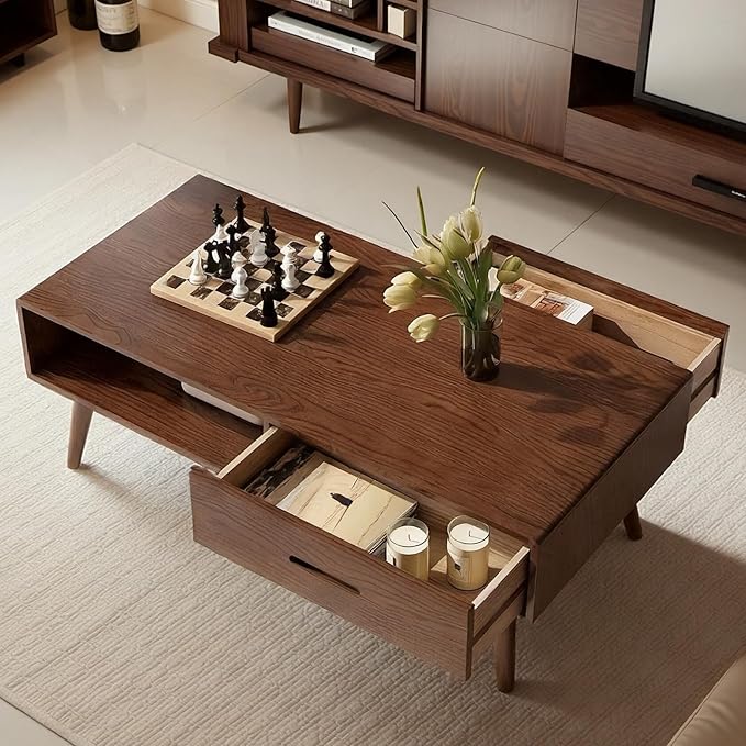 100% Solid Wood Coffee Table for Living Room, 47.24" W Oak Coffee Table with Storage Shelf and 2 Drawers, Mid-Century Modern Coffee Tables for Home (Oak Walnut Colour)