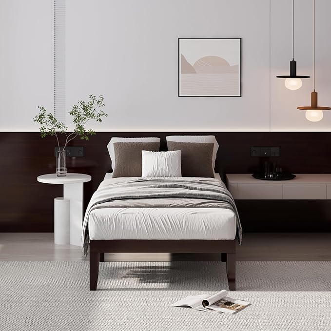 Giantex 14 Inch Twin Wood Platform Bed Frame, Minimalist Mattress Foundation with Solid Rubber Wood, Heavy Duty Wood Slat Support, Without Headboard, Easy Assembly, No Box Spring Needed, Espresso