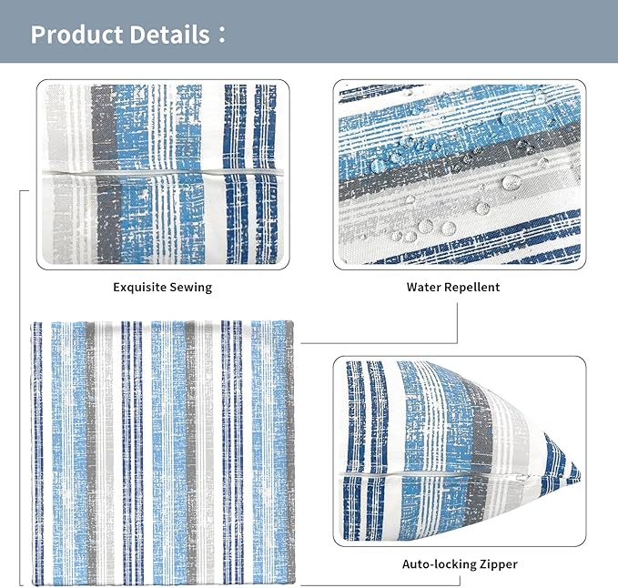 Outdoor Throw Pillow Covers 16x16 Inch, Square Patio Pillow Cases Pack of 2, Modern Decorative Back Cushion Covers for Patio Furniture Garden Couch Farmhouse, Stripe Layered Blue