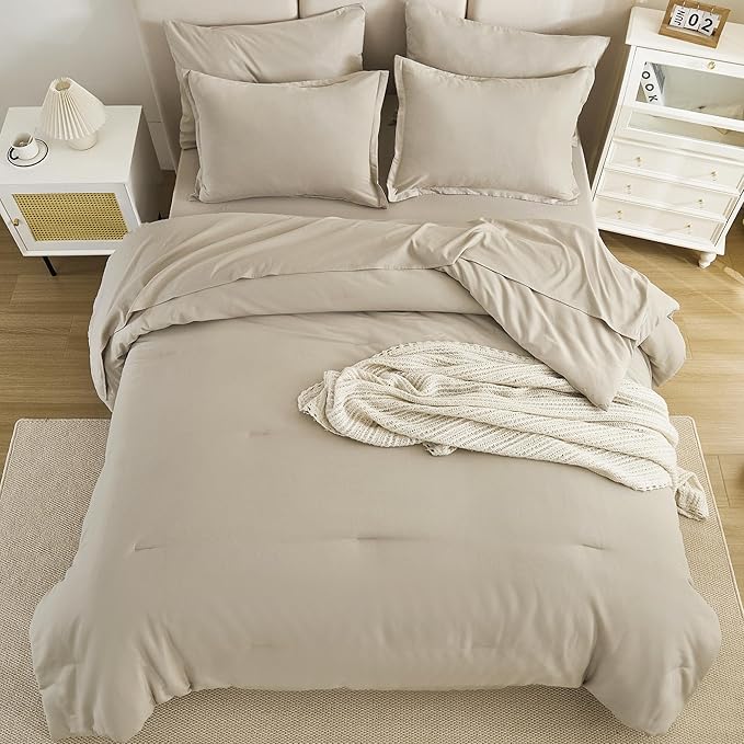 Litanika Super King Comforter Set Oatmeal - 7 Pieces Bed in a Bag Oversized King Bedding Comforter Sets, Solid Lightweight Bed Set with Comforter, Sheets, Pillowcases & Shams