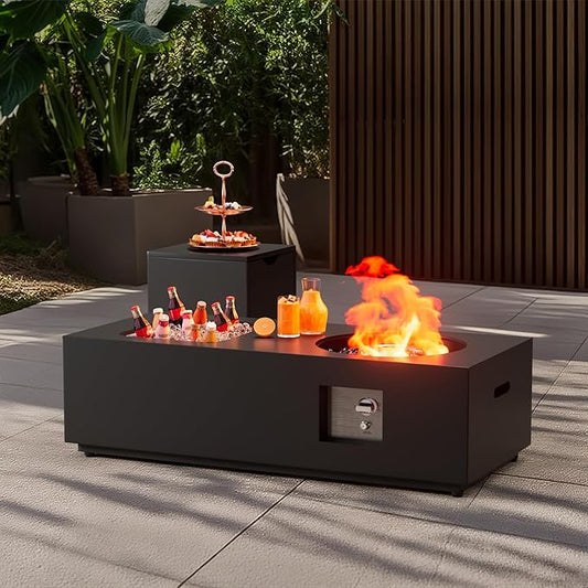 2-Piece 48" Rectangular Propane Fire Pit for Outside Patio with Hidden Tank Table & Ice Bucket, 50,000 BTU Fireplaces with Lid, Glass Rocks, Cover(Black w/Ice Bucket)