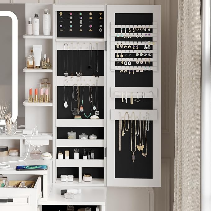 Maupvit Vanity Desk with HD LED Mirror,White Vanity with Large Jewelry Cabinet,Lots Storage Shelves,3 Drawers & Cabinets,Makeup Desk with Charging Station,3 Lighting Modes, Brightness Adjustable