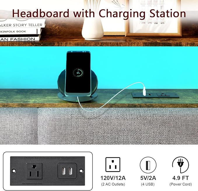 King Size Upholstered Headboard with 2 Outlets and LED Lights, King Bed Headboard with Charging Station & Storage Shelves, King Headboard Only, Height Adjustable, Easy Assembly, Brown