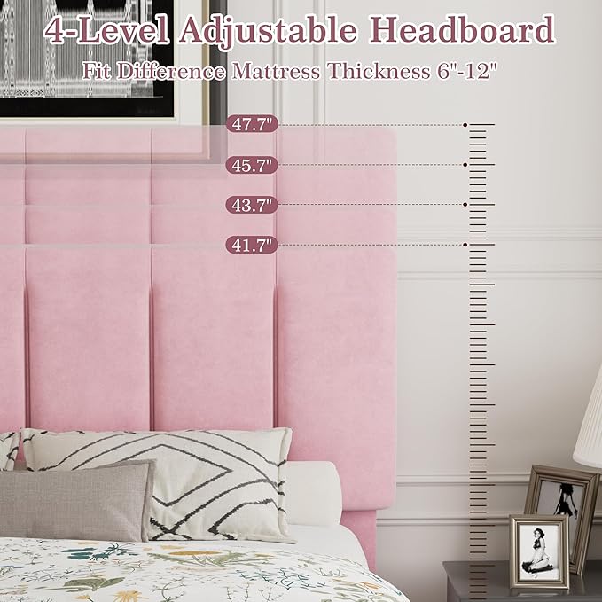 VECELO Queen Bed Frame with Upholstered Headboard, Heavy-Duty Platform Bedframe with Strong Wooden Slats Support, No Boxing Spring Needed, Pink