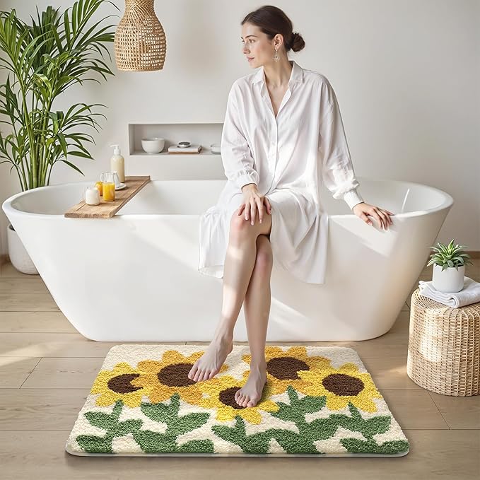LUMI Bathroom Rug 24x36, Soft Absorbent Microfiber Bath Mats, Non-Slip Machine Wash Bath Mats for Bathroom, Shower and Bathtub Floor, Sunflower