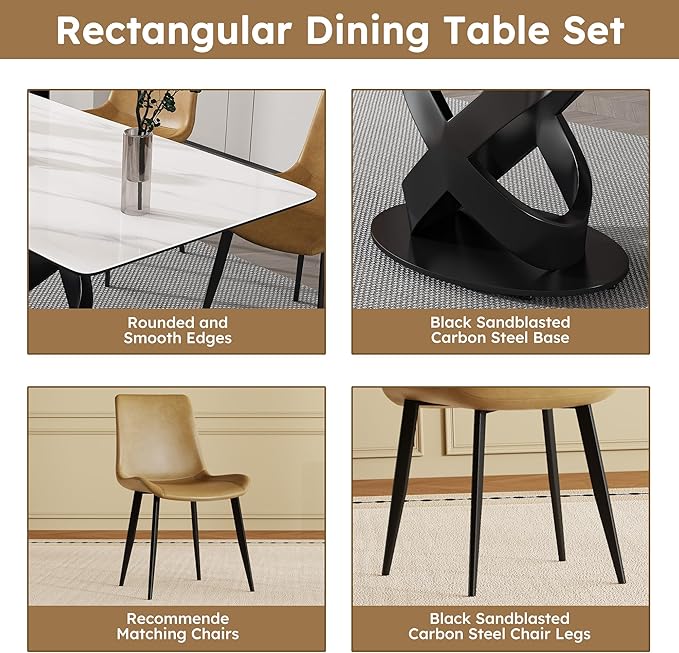 71" Modern Marble Dining Table with 4 Chairs, Sintered Stone Top for Kitchen, Dining Room, Dinette, Space Saving Design