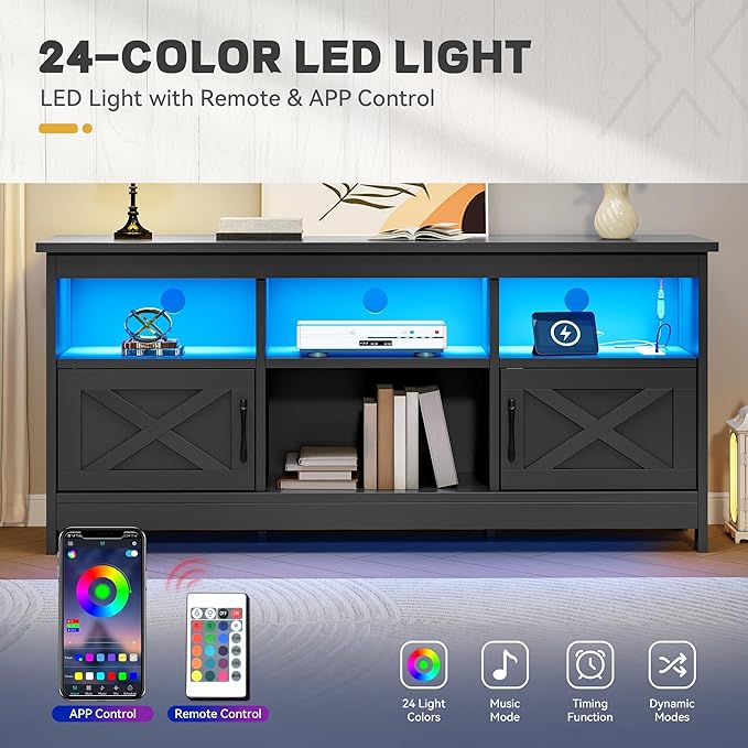 YITAHOME TV Stand for 65 Inch TVs, Entertainment Center with Storage Cabinets, Power Outlet & LED Light, Media TV Console with Barn Doors for Living Room, Black