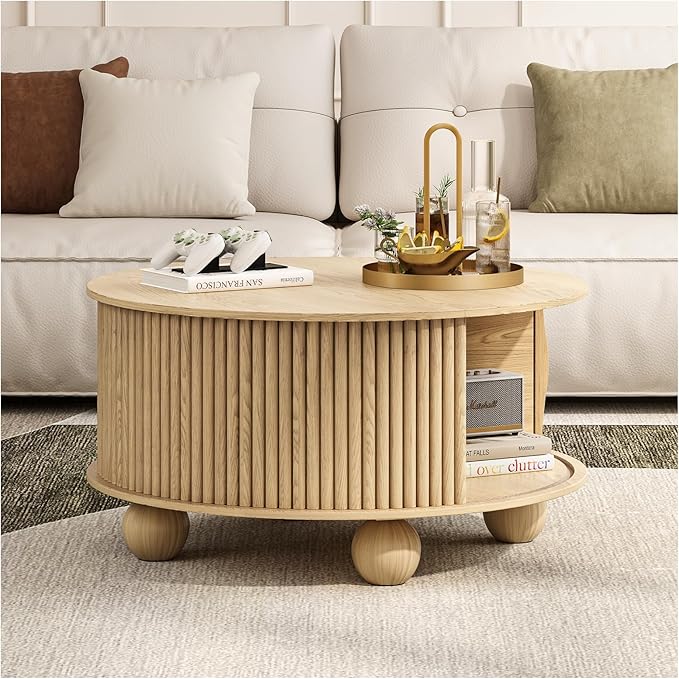 Round Coffee Table with Storage, 31.5" Mid-Century Modern Center Table with Sliding Door, Fluted Lift Up Coffee Table with Bun Feet, Wood Coffee Tables for Living Room, Home Small Space, Oak