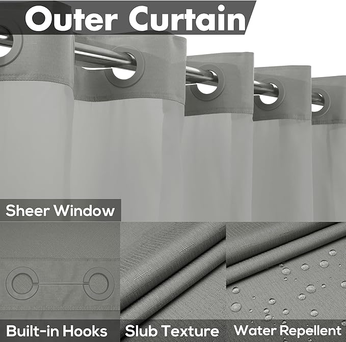 No Hook Slub Textured Shower Curtain with Waterproof PEVA Liner Set - 71" x 74"(72"), Hotel Style with See Through Top Window, Fabric Curtain & Waterproof Liner for Bathroom, Dark Gray, 71x74