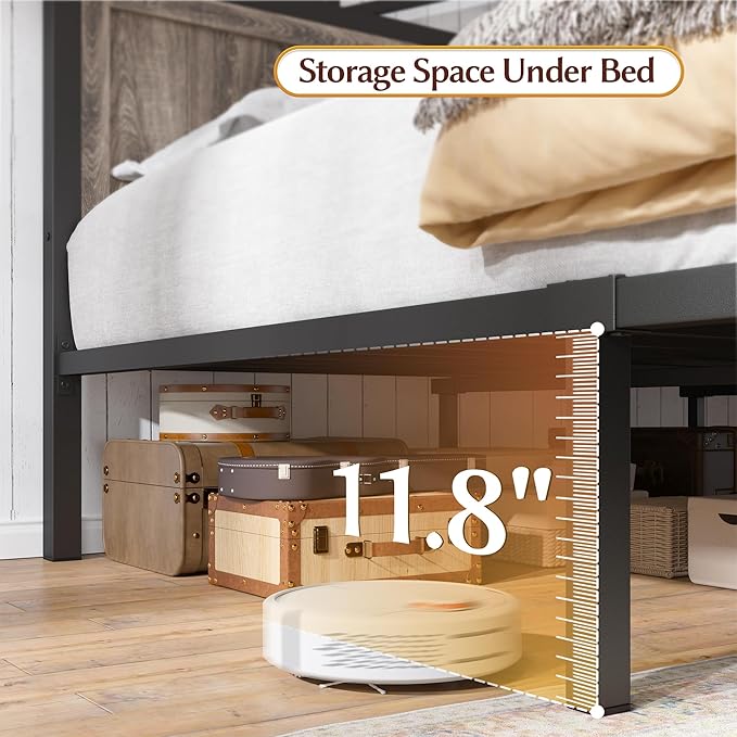 EnHomee King Size Bed Frame with Headboard and Storage, 2 Drawers & LED Light Farmhouse King Bed Frame Built in Charging Station,NO Noise,No Box Spring Needed,Grey