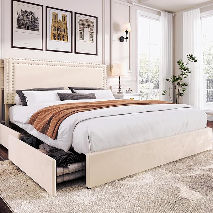 VECELO King Size Upholstered Platform Bed Frame with 4 Storage Drawers, Adjustable Velvet Rivet Decor Headboard, Wooden Slats Support, No Box Spring Needed, Easy Assembly