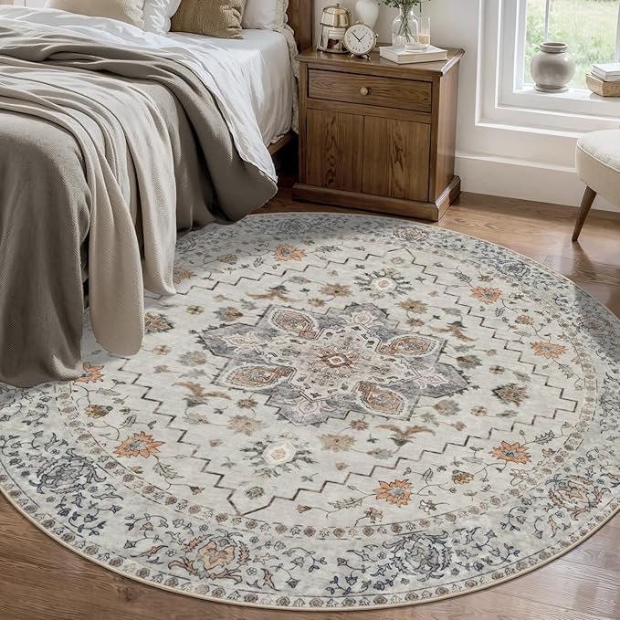 Tangsoo Vintage Round Rug 5ft, Washable Circle Rug, Non Slip Boho Round Area Rug, Low Pile Circular Rugs, Round Carpet for Bedroom,Livingroom,Nursery,Dorm,Office,Taupe