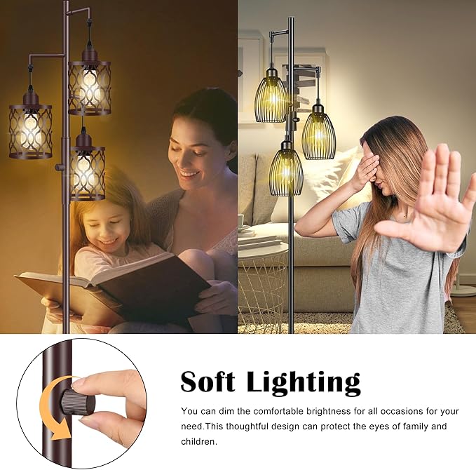 68" Farmhouse Floor lamp, Dimmable Industrial Floor Lamps for Living Room, 3 Light Rustic Standing Tall Lamp Including 3 PCS 6W E26 Bulbs, Tree Floor Lamp for Bedrooms Room, Office, Bar, Brown