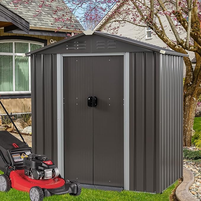 Vongrasig Outdoor Storage Shed, 6 x 4 FT Outside Metal Garden Shed with Large Window and Lockable Door, Waterproof Tool Shed for Backyard Patio, Lawn and Garden (Gray)