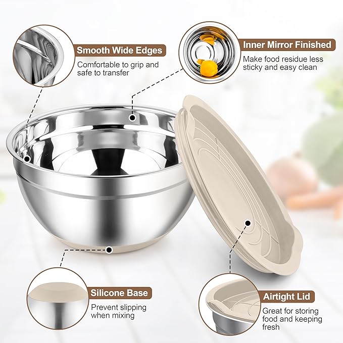 TeamFar Khaki Mixing Bowls, 6-Piece Stainless Steel Nesting Salad Bowls with Lid Set for Prepping Baking, Non-Toxic & Stackable, Air-Tight Lid & Non Slip Bottom, 4.6/2.6/2/1.5/1 / 0.7 QT