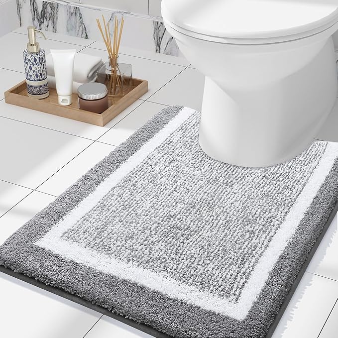 OLANLY Toilet Rugs U-Shaped 24x20, Extra Soft and Absorbent Microfiber Bathroom Rugs, Non-Slip, Machine Wash Dry, Plush Shaggy Contour Bath Mats for Toilet Base (Grey and White)