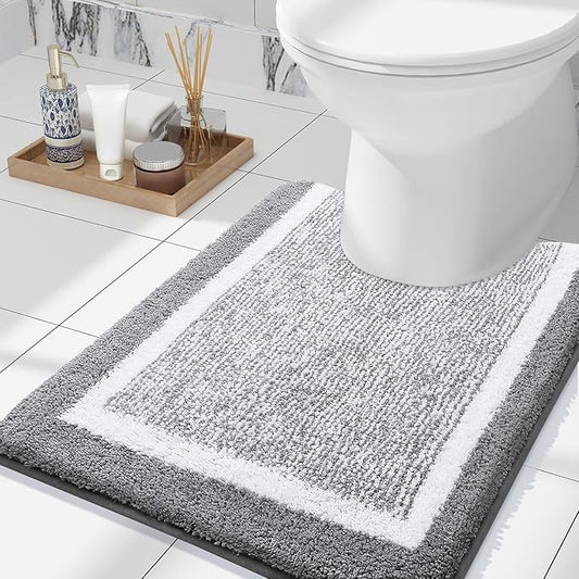 OLANLY Toilet Rugs U-Shaped 24x20, Extra Soft and Absorbent Microfiber Bathroom Rugs, Non-Slip, Machine Wash Dry, Plush Shaggy Contour Bath Mats for Toilet Base (Grey and White)