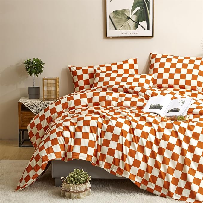 CLOTHKNOW Rust Beige Plaid King Size Comforter Set 3Pcs Grid Bedding Comforter Sets Soft Lightweight Caramel Comforter King Checker Comforter with 2 Pillow Cases
