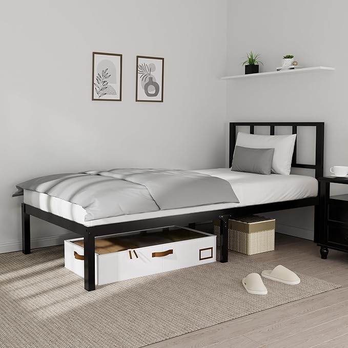 14 Inch Bamboo Bed Frame – Solid Wood Platform Bed Frame, Strong and Stable, with Non-Slip Slats for Support, No Box Spring Needed, Easy to Assemble, Noise-Free (Black with Headboard, Twin)