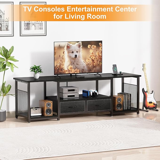 TV Stand with Drawers and Power Outlets for 75 70 65 Inch TV, Entertainment Center with Open Storage Shelves, Industrial Media TV Console Table for Living Room Bedroom Office, Black