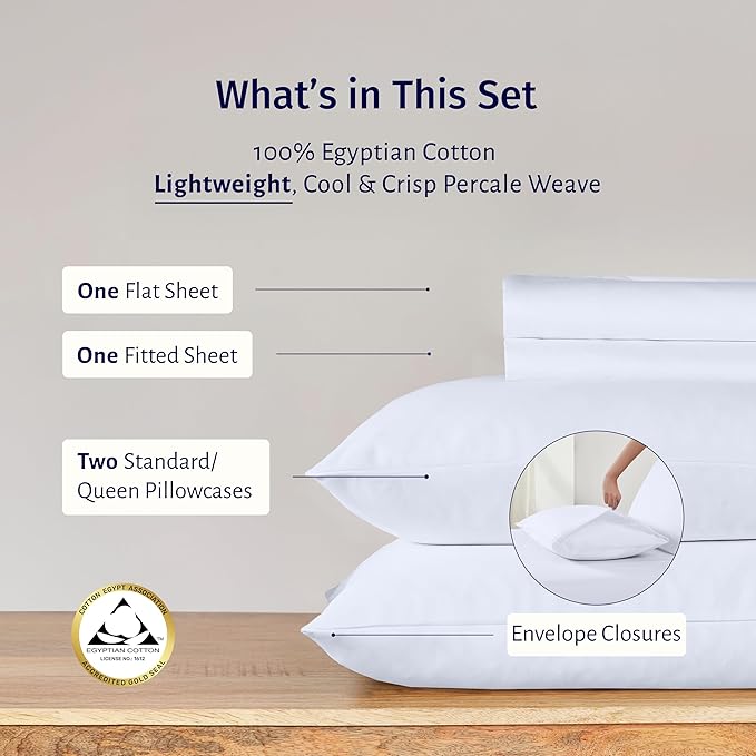 California Design Den Certified 100% Egyptian Cotton Sheets Queen Size Bed Set - Crisp Percale Queen Sheet Set Deep Pocket, Cool & Durable Luxury Bedding - White