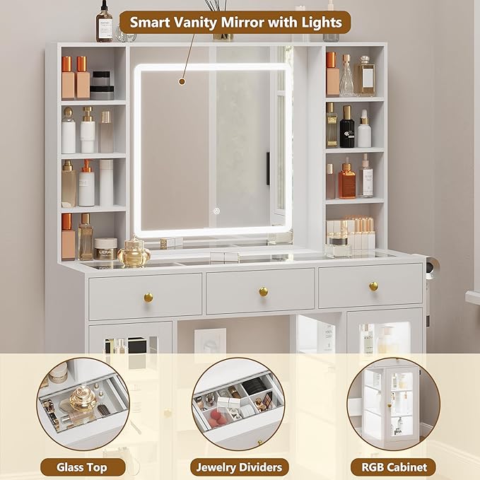 White Vanity Desk with Mirror and Lights, Glass Top Vanity with Lighted Mirror & RGB Cabinet and 3 Drawers, Dressing Table with 8 Shelves, Makeup Desk with Lights for Girls Bedroom, 3 Color Modes