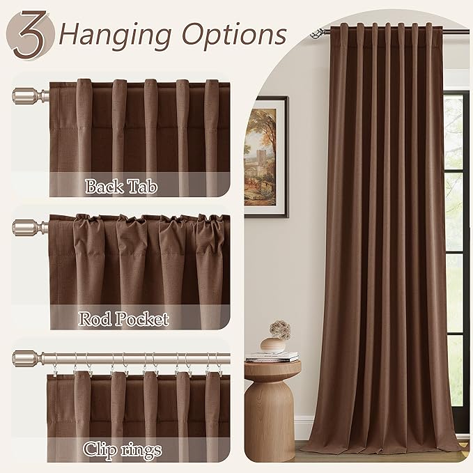 Guken Blackout Curtains 100 Inch Length 2 Panels Set for Living Room Bedroom Back Tab Thermal Insulated 100% Black Out Linen Drapes Room Darkening Window Curtains 100 Inches Long,Rustic Brown
