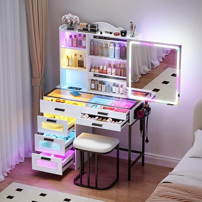 LED Vanity Desk with Sliding Mirror, Smart Makeup Table with 6 Drawers 6 Shelves Glass top, Dressing Table with Charging Station 24 Color Lighting Modes, Cushioned Stool, USB for Bedroom White
