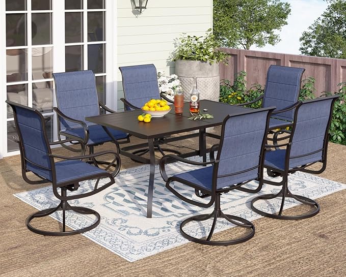 PHI VILLA Patio Dining Set for 6, Swivel Dining Chairs with Padded Textilene and Large Metal Table (1.57'' Umbrella Hole), All Weather Table and Chairs for Outdoor Lawn (Blue)